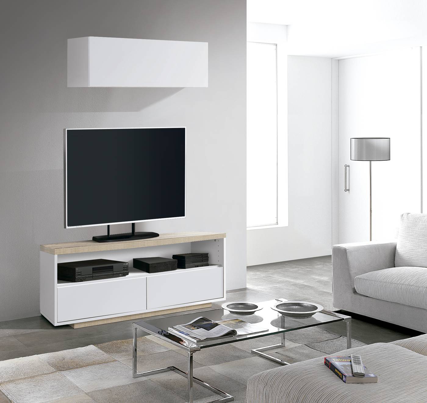 Mueble de TV de 2 cajones y un hueco. Acabado color Blanco combinado en roble cambrian